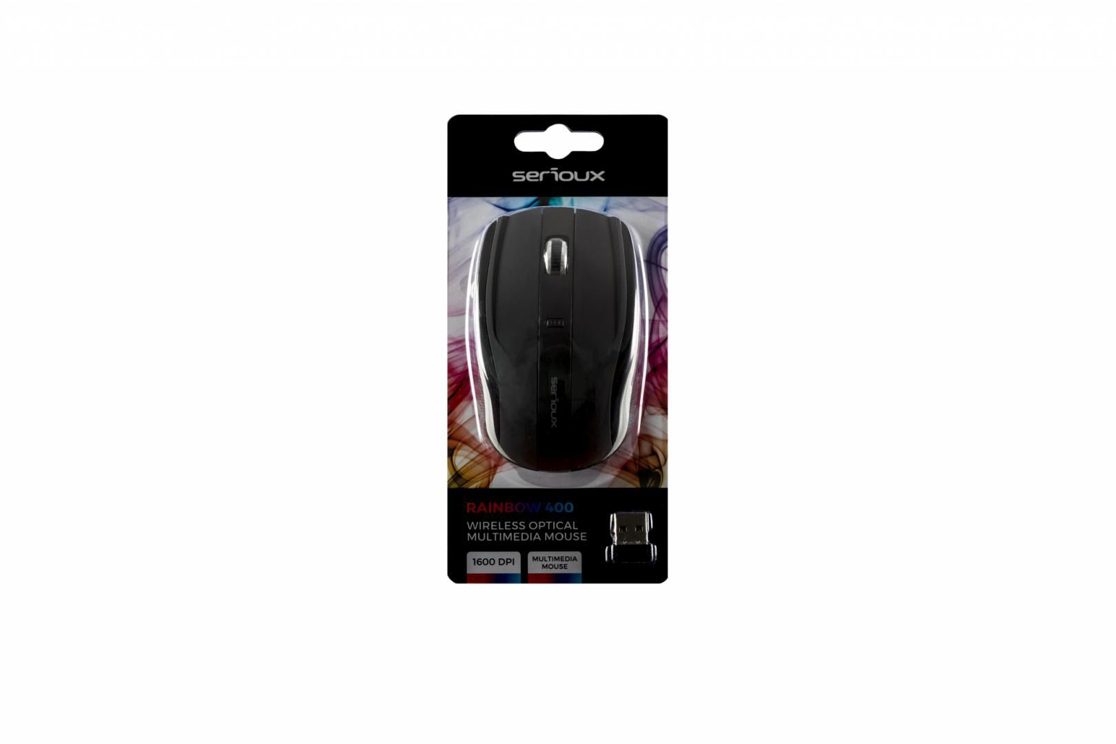 Mouse Serioux, Rainbow 400, fara fir, USB, senzor optic, distanta de operare; 10m, precizie: 1000/1600DPI ajustabila, 4 butoane, 2x baterie AAA, sisteme de operare: Windows / Mac OS / Linux, negru_2