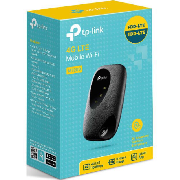 TP-Link Router 4G LTE Mobile Wi-fi, M7200; IEEE 802.11b/g/n; 300Mbps; 2.4GHz; 1* micro USB port for power supply; 1* SIM card slot; Internal 2000mAh Rechargeable Battery; 1* Internal Antenna; Transmit Power: 2.4G <20dbm._9