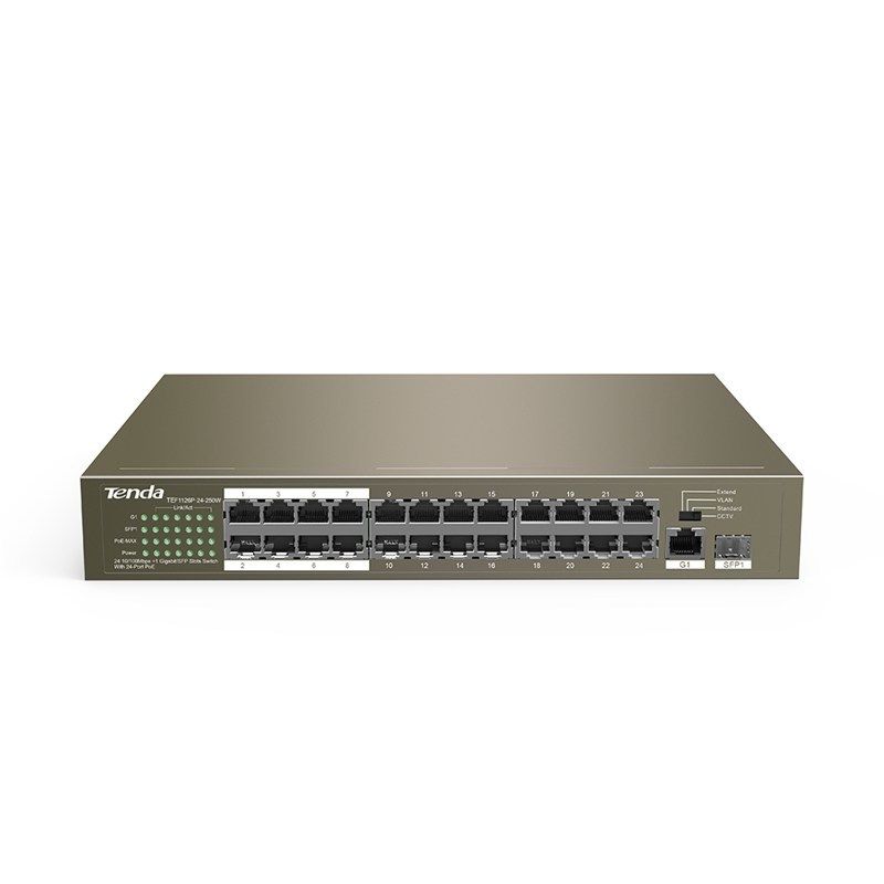 Tenda  | TEF1126P-24-250W |  Switch | POE | Porturi 1 Gigabit , 24 10/100 Mbps PoE, 1 Combo SFP | 230 W | CCTV | Protectie fulger_2