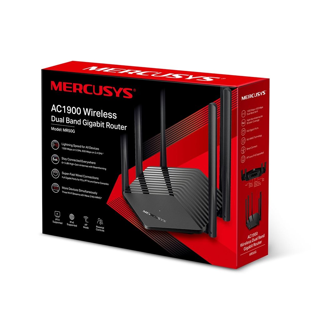 Router Wireless MERCUSYS MR50G, Dual-Band Gigabit AC1900, 600Mbps 2.4 Ghz, 1300 Mbps 5 Ghz,  1× Port Gigabit WAN, 2× Porturi Gigabit LAN, 6 antene omni-direcționale fixe, Standarde Wireless: IEEE 802.11a/n/ac 5 GHz, IEEE 802.11b/g/n/ac 2.4 GHz._3