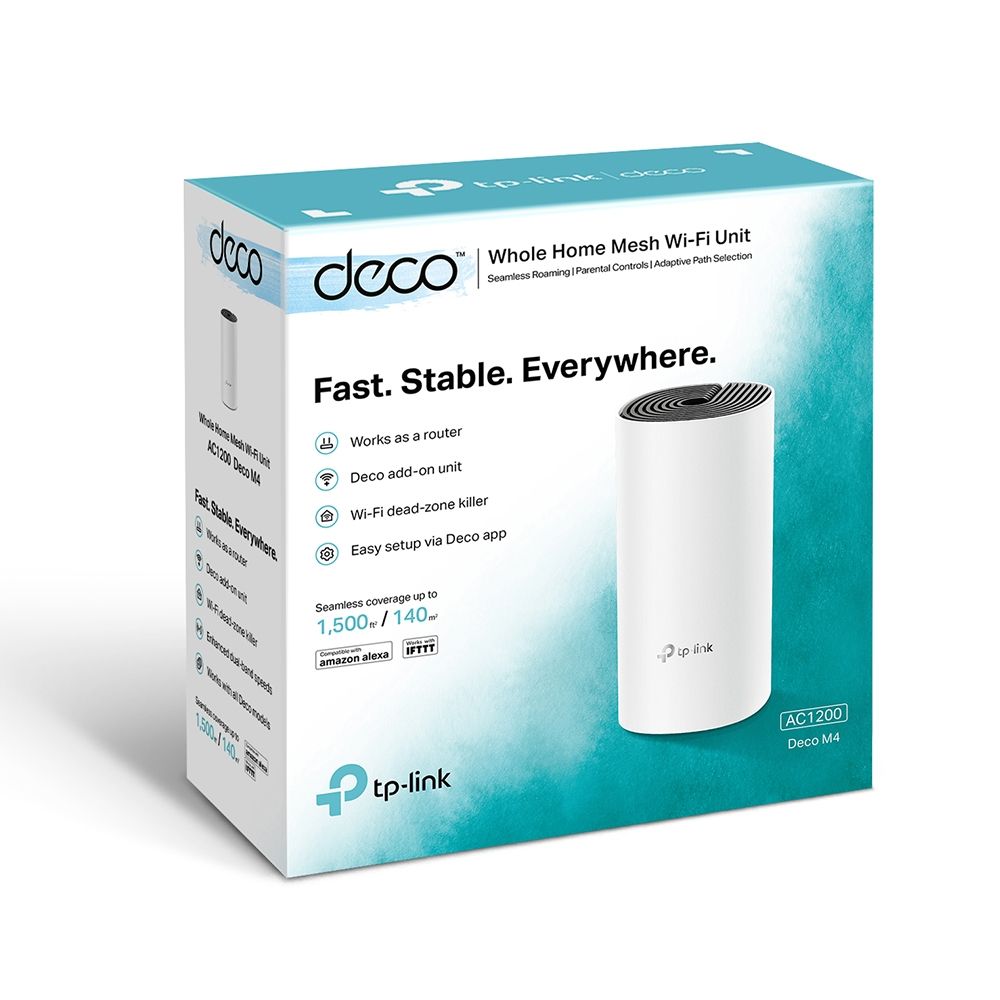 TP-Link Sistem Mesh Wi-Fi pentru întreaga casă AC1200, DECO M4(2-PACK); Procesor: Quad-core CPU; Interfață: 2 Gigabit Ethernet Ports (WAN/LAN auto-sensing) per Deco unit; 2 internal dual-band antennas per Deco unit; Flash: 16 MB; SDRAM: 128 MB; Standarde Wireless: IEEE 802.11 ac/n/a 5 GHz, IEEE_3