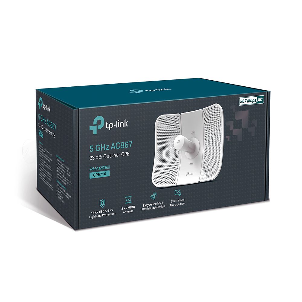 Wireless Access Point TP-Link CPE710, CPU Qualcomm 750MHz CPU, MIPS 74Kc, memorie 128MB DDR2,16 mb flash, pana la 867 Mbps, Passive POE, 1* 10/100/1000 Mbps Shielded Ethernet Port (LAN/POE), 23 dBi, Weatherproof: IP65, Material: Outdoor PC stabilized plastic, Wireless Standards: IEEE 802.11a/n/ac._2