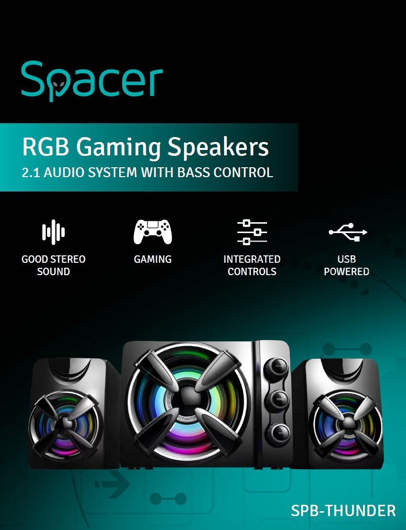 BOXE SPACER Gaming 2.1, RMS: 11W (2 x 3W + 5W), control volum, bass si inalte, subwoofer lemn MDF, 14 x LED, USB power, black, 