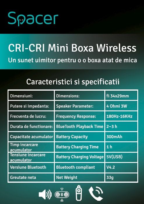 BOXA SPACER portabila bluetooth, Cri-Cri-BK, RMS:  3W, control volum, acumulator 300mAh, timp de functionare pana la 2 ore, distanta de functionare pana la 10m, incarcare USB, BLACK, 