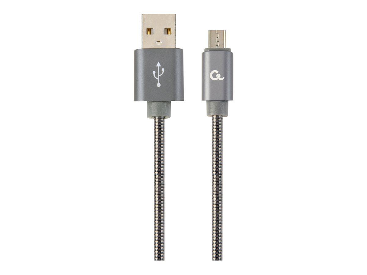 CABLU alimentare si date GEMBIRD, pt. smartphone, USB 2.0 (T) la Micro-USB 2.0 (T), 1m, premium, cablu metalic, gri-metalic, cu insertii albe, 