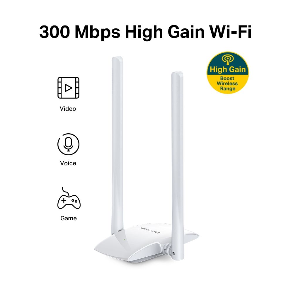 MERCUSYS MINI USB ASDAPTER Wireless N300, 300Mbps, MW300UH;High-Gain Standarde Wireless: IEEE 802.11n, IEEE 802.11g, IEEE 802.11b; Frecvență: 2.4GHz; 2 x antenne externe; Rată Semnal: Până la, 300Mbps (dinamic); Putere de Transmisie: ≤20 dBm (EIRP); Micro USB 2.0._2