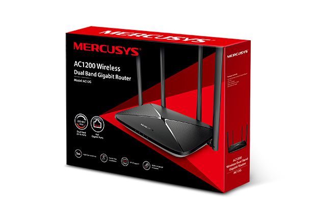 Router Wireless Mercusys Dual Band AC1200, AC12; Standarde Wireless: IEEE 802.11ac IEEE 802.11n IEEE 802.11g IEEE 802.11b IEEE 802.3 IEEE 802.3u; Frecvență: 2.390 - 2.4835GHz, 5.150 - 5.825GHz; 4x antene de 5dBi ​omnidirecționale; 4x porturi LAN 10/100Mbps, 1x port WAN 10/100Mbps; Alimentare_3