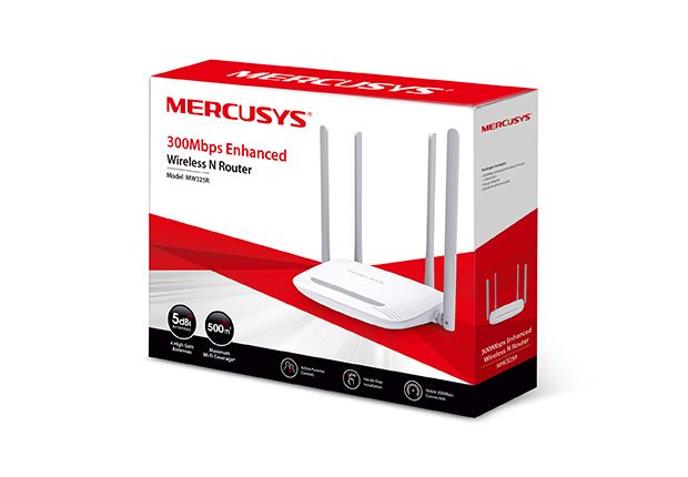 Router Wireless Mercusys N 300 Mbps, MW325R; Standarde Wireless: IEEE 802.11n, IEEE 802.11g, IEEE 802.11b; Frecvență: 2.4 - 2.5GHz; 3x Porturi LAN 10/100Mbps, 1x Port WAN 10/100Mbps; 4x 5dBi Antene Omnidirecţionale Nedetașabile; Putere de Transmisie: <20dBm; Alimentare externă: 5VDC/0.6A;_3