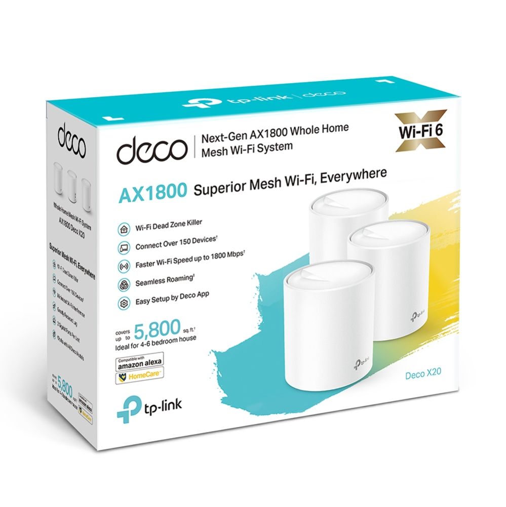 TP-Link AX1800 whole home mesh Wi-Fi 6 System, Deco X20(3-pack); Wireless Standards: IEEE 802.11a/n/ac/ax 5GHz, IEEE 802.11b/g/n/ax 2.4GHz, Signal Rate: 575 Mbps on 2.4GHz, 1200 Mbps on 5GHz, 1024QAM on 2.4GHz and 5GHz, 2 X 10/100/1000 Mbps RJ45 ports, Working Mode: Router, Access Point, 4 internal_3