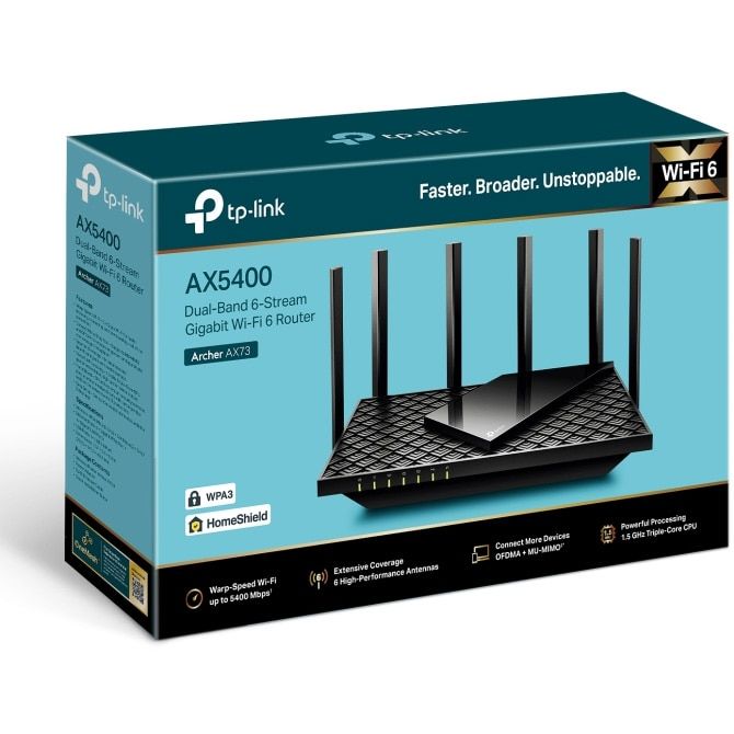 TP-LINK AX5400 Dual-Band Gigabit WI-FI6 Router, Standards: IEEE 802.11ax/ac/n/a 5 GHz, IEEE 802.11ax/n/b/g 2.4 GHz, 5 GHz: 4804 Mbps (802.11ax), 2.4 GHz: 574 Mbps (802.11ax), 6× Fixed High-Performance Antennas, 4×4 MU-MIMO, 1.5 GHz Triple-Core CPU, 1× Gigabit WAN Port, 4× Gigabit LAN Ports._5