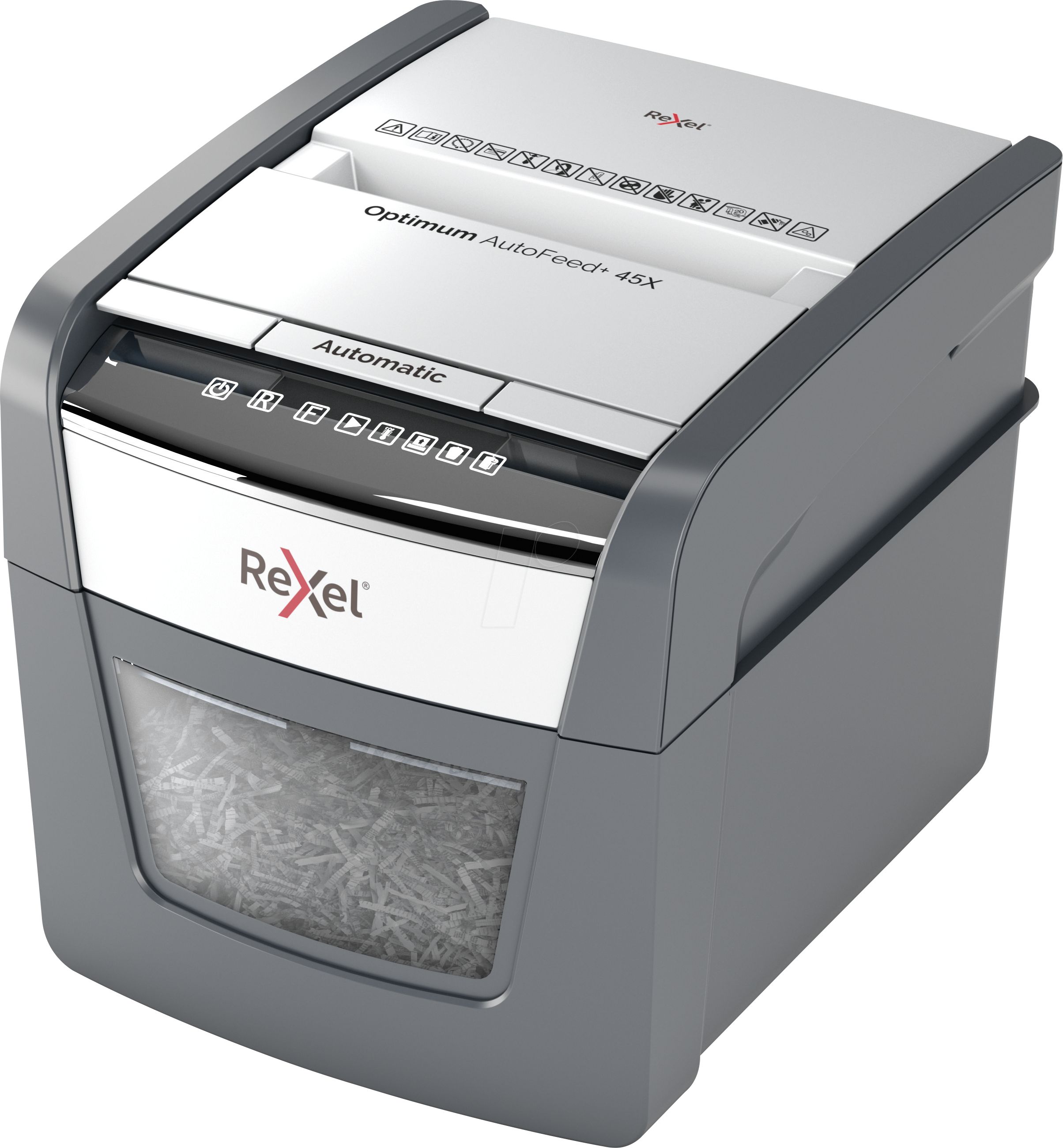 Distrugator automat documente Rexel OPTIMUM  45X ,  45 coli, P4, cross-cut (tip confeti), cos  20 litri, negru-gri, 