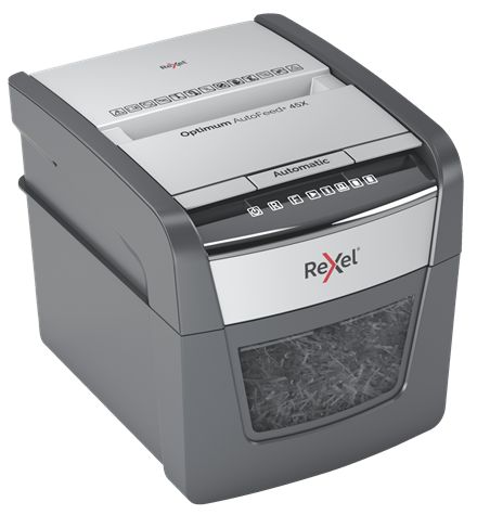 Distrugator automat documente Rexel OPTIMUM  45X ,  45 coli, P4, cross-cut (tip confeti), cos  20 litri, negru-gri, 