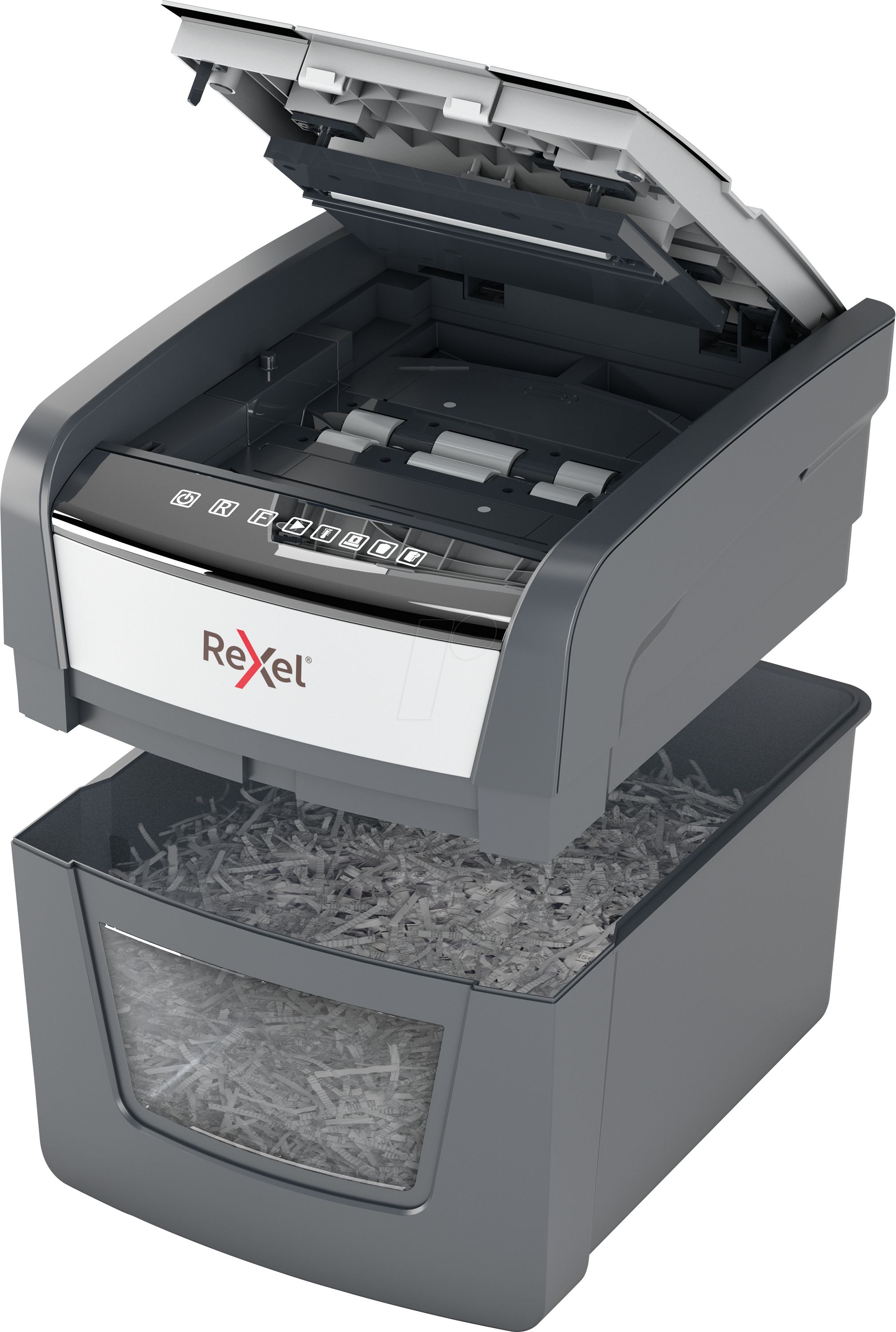 Distrugator automat documente Rexel OPTIMUM  45X ,  45 coli, P4, cross-cut (tip confeti), cos  20 litri, negru-gri, 