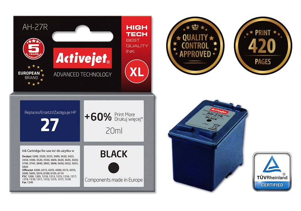 Activejet AH-27R ink for HP printer; HP 27 C8727A replacement; Premium; 20 ml; black_2