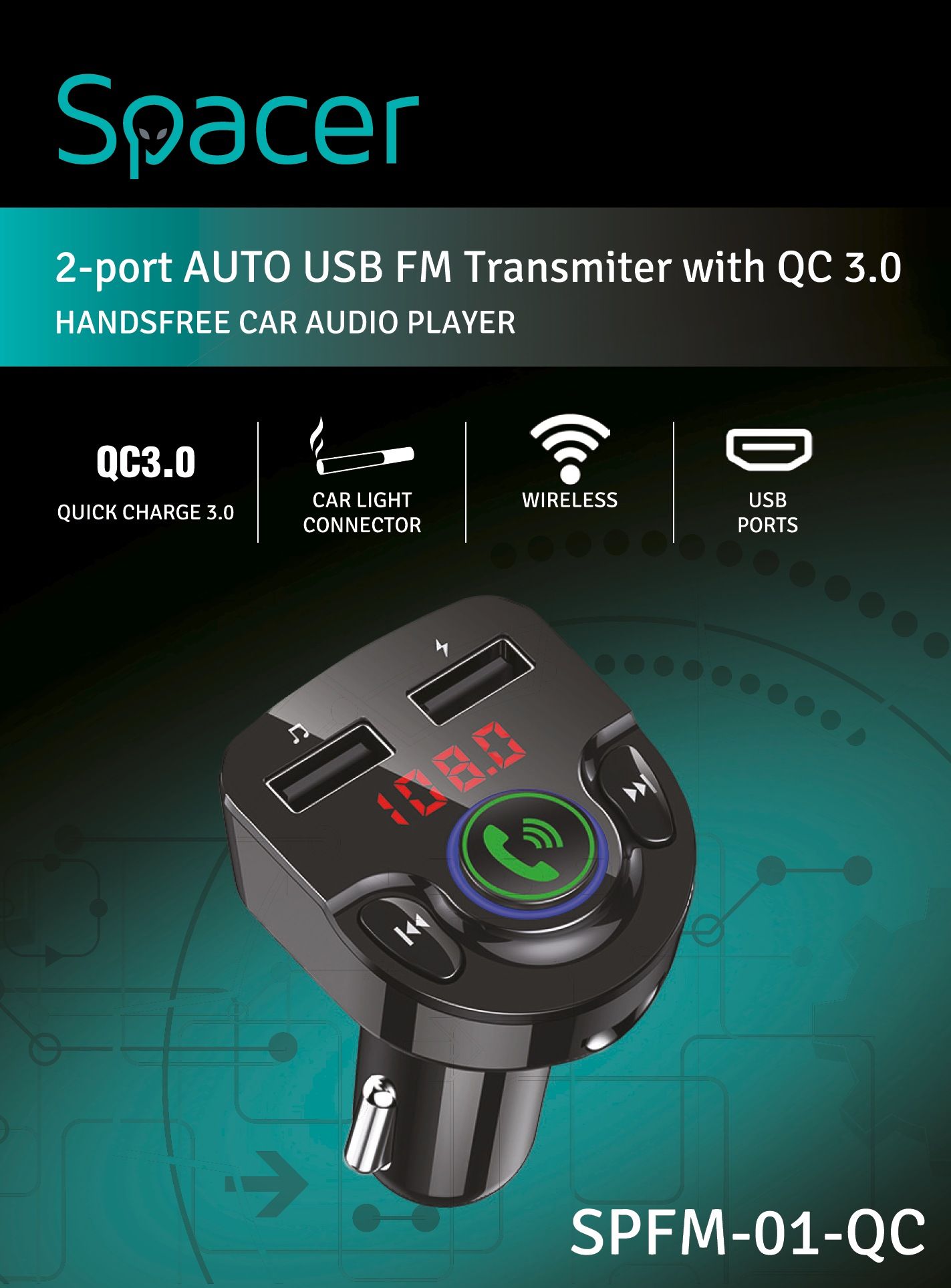 MODULATOR AUTO FM SPACER, Bluetooth 5.0. 1xUSB QC3.0 + Type-C &amp; 1xUSB max. 5V/3.1A, earphone 30mAh, 12V-24V, max. 10-15m, mic max. 0-2m, format MP3/WMA, 206 canale 87.5-108Mhz, USB disk, microSD, white, 