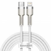 CABLU alimentare si date Baseus Cafule Metal, Fast Charging Data Cable pt. smartphone, USB Type-C la Lightning Iphone PD 20W, brodat, 2m, alb 