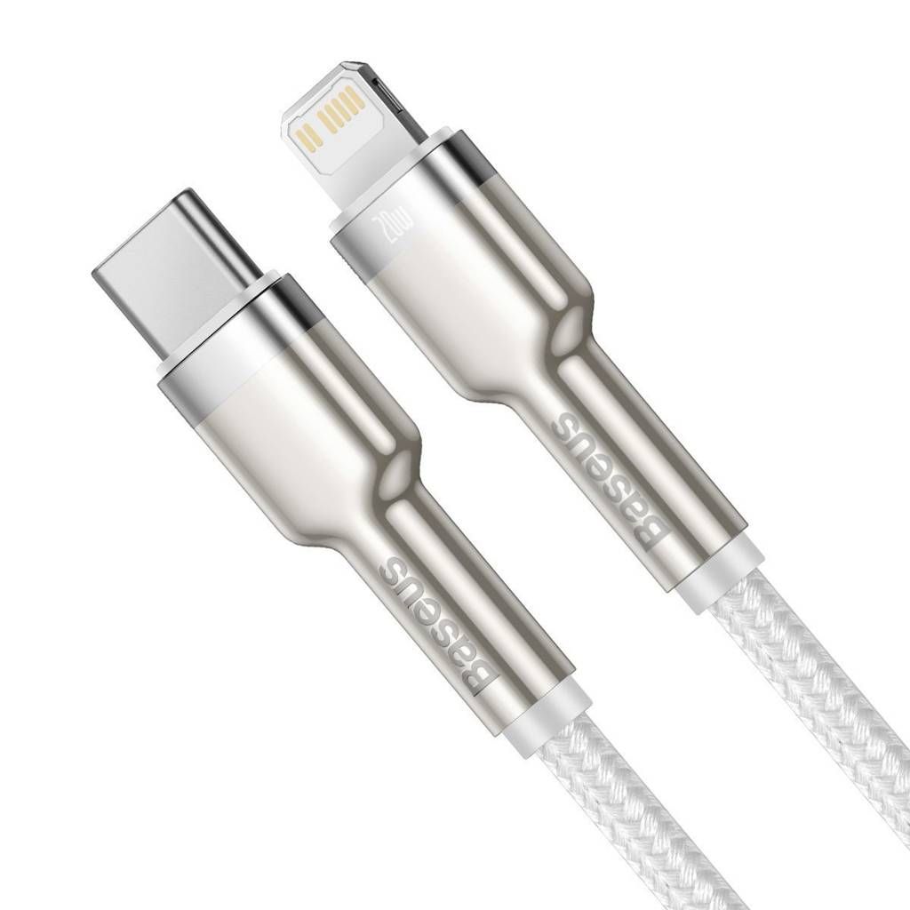 CABLU alimentare si date Baseus Cafule Metal, Fast Charging Data Cable pt. smartphone, USB Type-C la Lightning Iphone PD 20W, brodat, 2m, alb 