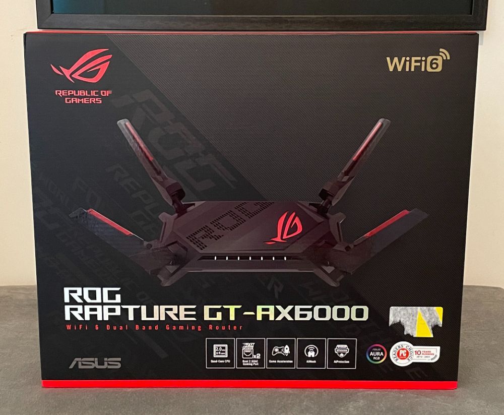 Asus Dual-band WiFi6 Router gaming, GT-AX6000, ROG Rapture, Standarde wireless: EEE 802.11a, IEEE 802.11b, IEEE 802.11g, IEEE 802.11n, IEEE 802.11ac, IEEE 802.11ax, IPv4, IPv6,  2.4GHz- 1148Mbps, 5GHz- 4804Mbps, 4 x antene externe, Procesor: 2.0 GHz quad-core, Memorie: 256 MB Flash, 1 GB RAM, Dual_2