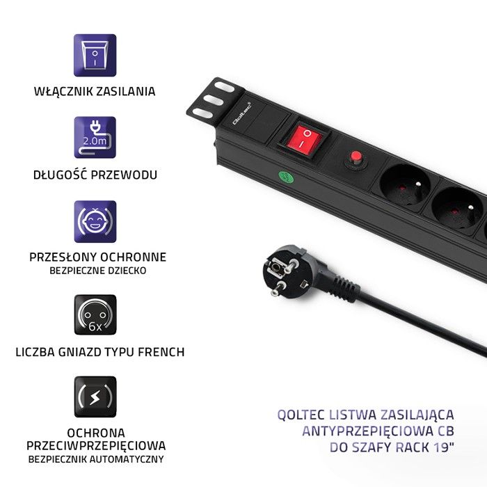 Qoltec 53995 Overvoltage power strip for RACK 19