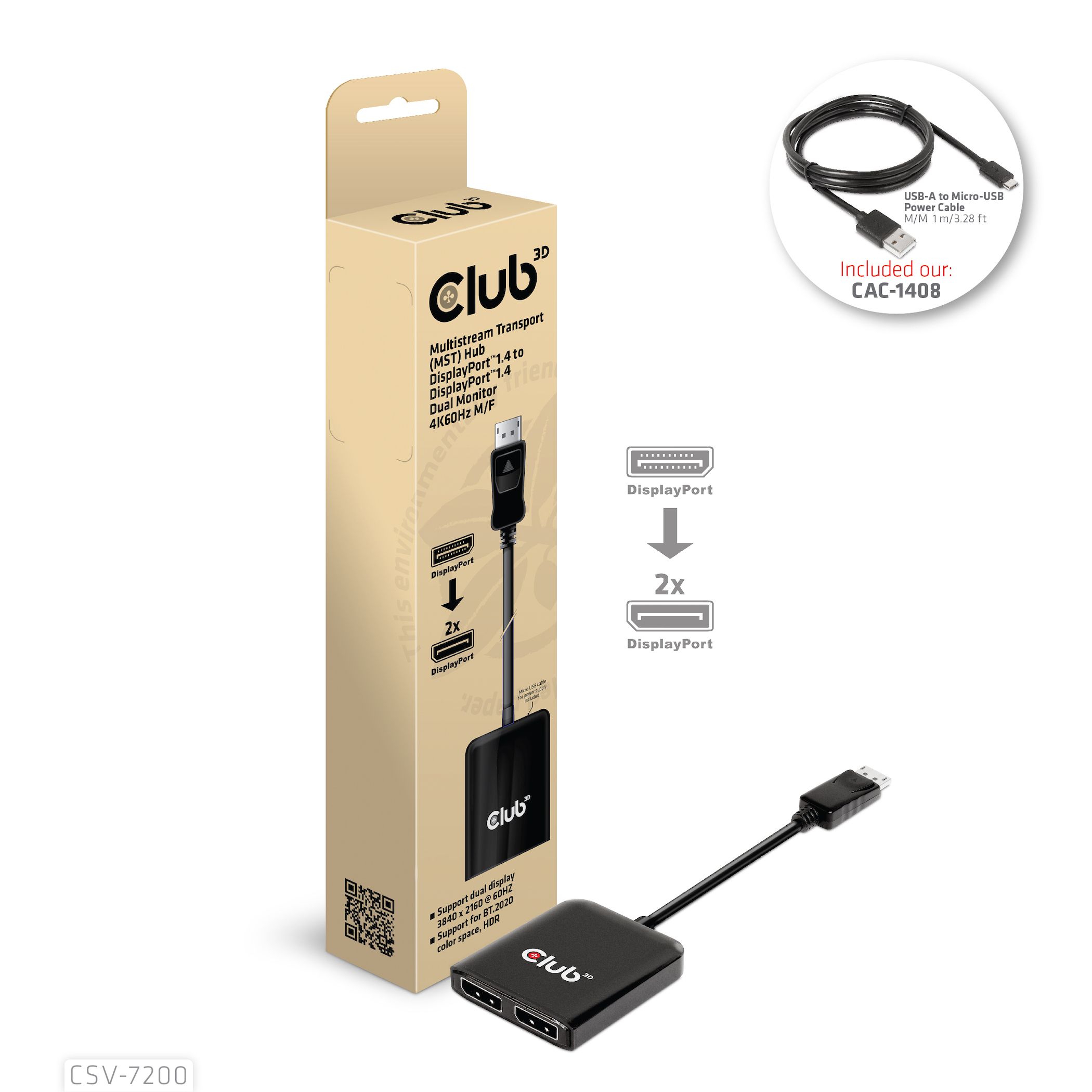 CLUB 3D Multistream Transport (MST) Hub DisplayPort™1.4 to DisplayPort™1.4 Dual Monitor 4K60Hz M/F_2