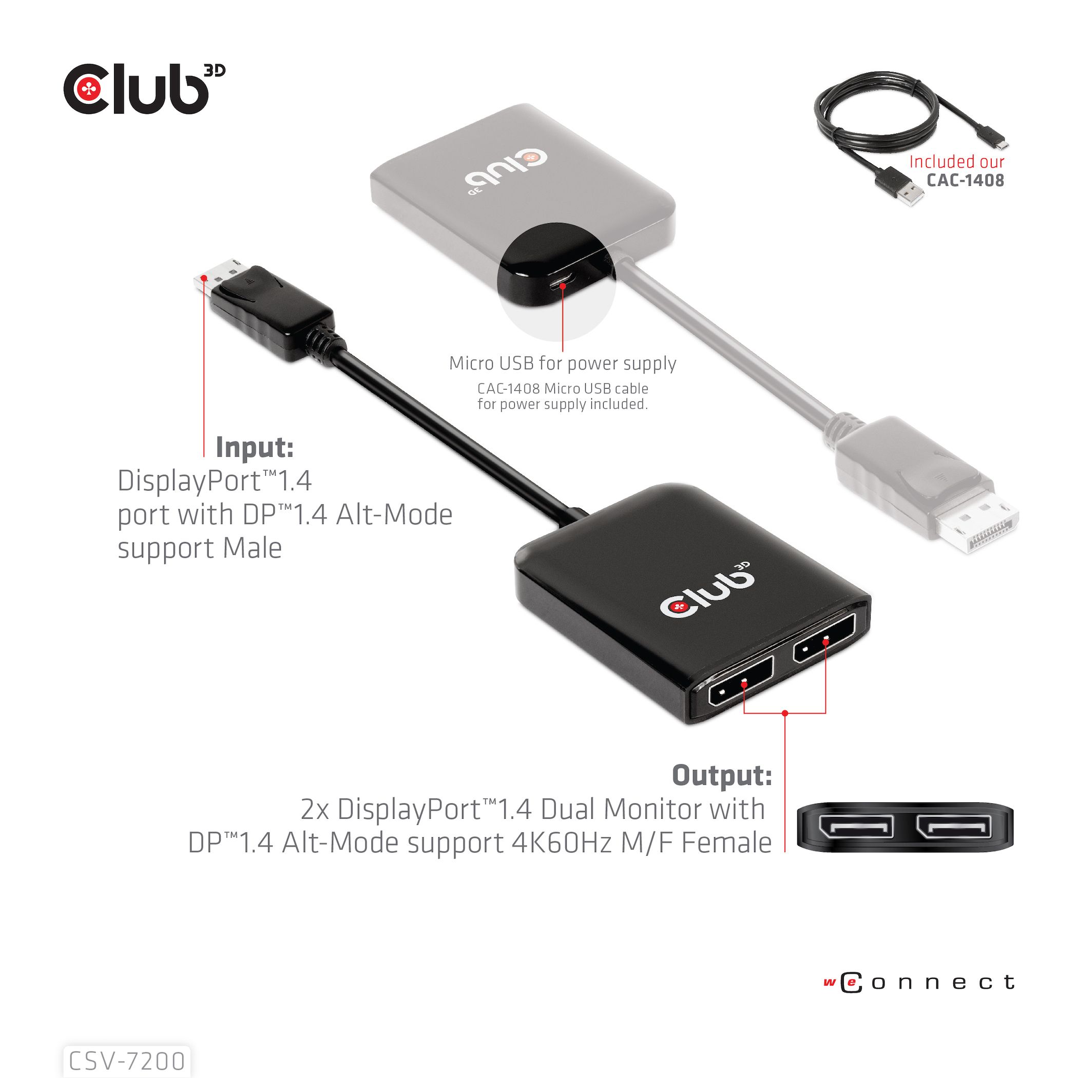 CLUB 3D Multistream Transport (MST) Hub DisplayPort™1.4 to DisplayPort™1.4 Dual Monitor 4K60Hz M/F_8