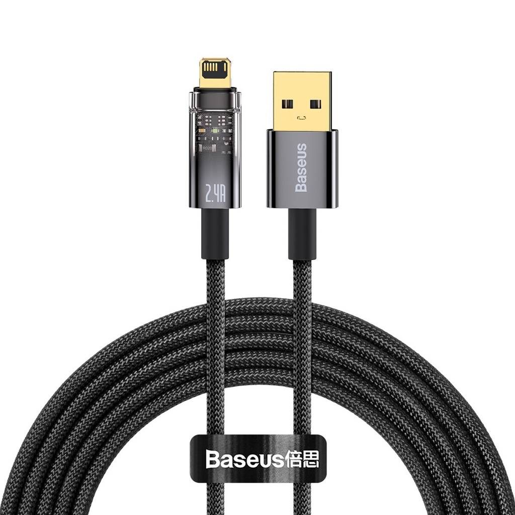 CABLU alimentare si date Baseus Explorer, Fast Charging Data Cable pt. smartphone, USB la Lightning Iphone 2.4A, 2m, Auto Power-Off, negru transparent 