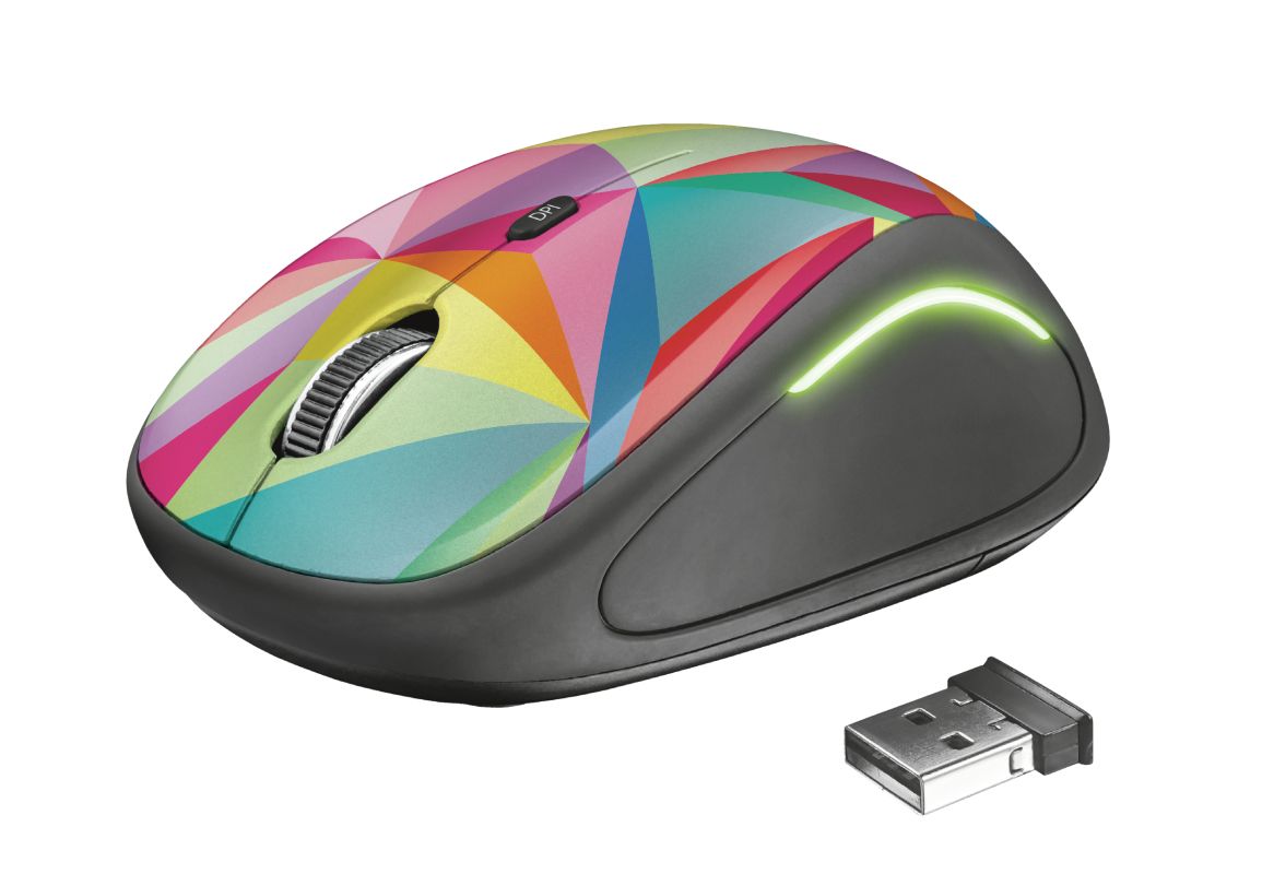 Mouse fara fir Trust Yvi FX Wireless Mouse - multicolor  Specifications General Height of main product (in mm) 95 mm Width of main product (in mm) 57 mm Depth of main product (in mm) 40 mm Total weight 84 g Formfactor compact Ergonomic design no  Connectivity Connection type wireless Bluetooth no_2