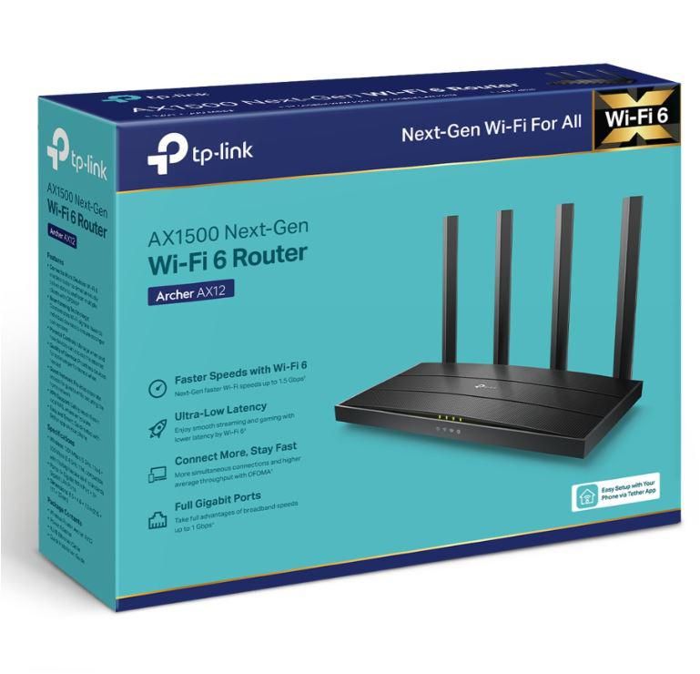 TP-LINK Wireless Router AX1500 WI-FI6, DUAL-BAND, ARCHER AX12; Standarde wireless: IEEE 802.11ax/ac/n/a 5 GHz, IEEE 802.11n/b/g 2.4 GHz, viteze wireless: 5 GHz: 1201 Mbps (802.11ax) 2.4 GHz: 300 Mbps (802.11n), 4 x antene fixe, mod router, mod access point, interfata: 1× port WAN Gigabit, 3× porturi_3