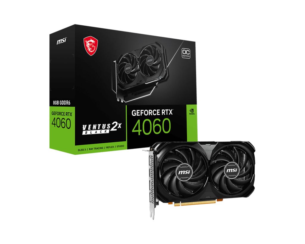 GeForce RTX™ 4060 VENTUS 2X BLACK 8G OC GDDR6 128-bit PCI Express® Gen 4 x 8 DisplayPort x 3 (v1.4a) HDMI™ x 1 (Supports 4K@120Hz HDR and 8K@60Hz HDR and Variable Refresh Rate (VRR) as specified in HDMI™ 2.1a) https://www.msi.com/Graphics-Card/GeForce-RTX-4060-VENTUS-2X-BLACK-8G- OC/Specification_2