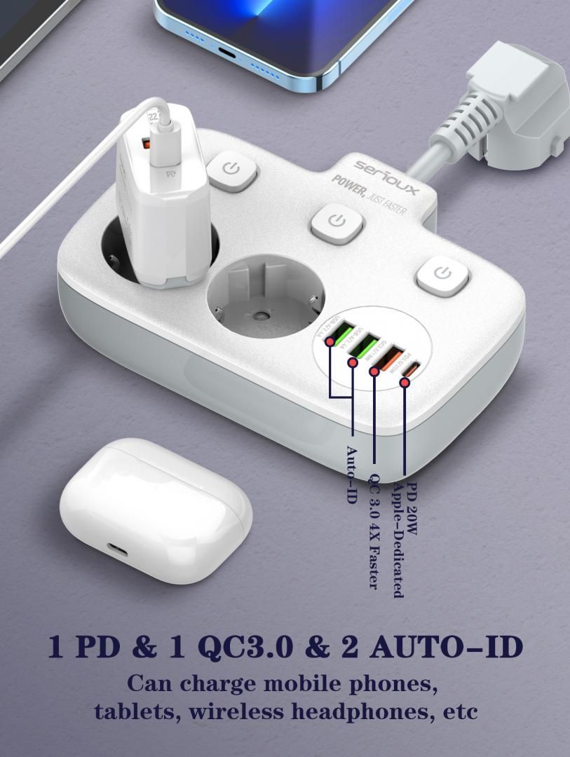 Prelungitor cu Protectie Serioux QC3.0. Parametri nominali: 2500W-10A(Max) 250V Intrare: AC100-250V 10A 50/60HZ Ieșire PD: 5V=3A 9V=2.22A 12V=1.67A 20W (MAX) Ieșire QC: 5V-3A 9V=2A 12V=1.5A 18W (MAX) Ieșire Auto-ID: 5V-2.4A 12W (MAX) Putere totală: 20W MAX_5