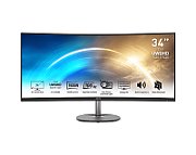 MONITOR MSI PRO MP341CQ 34 inch, Curvature: 1500R , Panel Type: VA, Resolution: 3440x1440 (UWQHD), Aspect Ratio: 21:9,  Refresh Rate:100HZ, Response time GtG: 4ms, Brightness: 300 cd/m², Contrast (static): 3000:1, Contrast (dynamic): 100000000:1, Viewing angle: 178°(H)/178°(V), Color Gamut_1