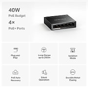 Mercusys Desktop Switch MS106LP 6 porturi 10/100Mbps, Standarde si protocoale  IEEE 802.3x Flow Control, 4 porturi POE, buget POE 40W, dimensiuni: 99.8*98*25mm._3