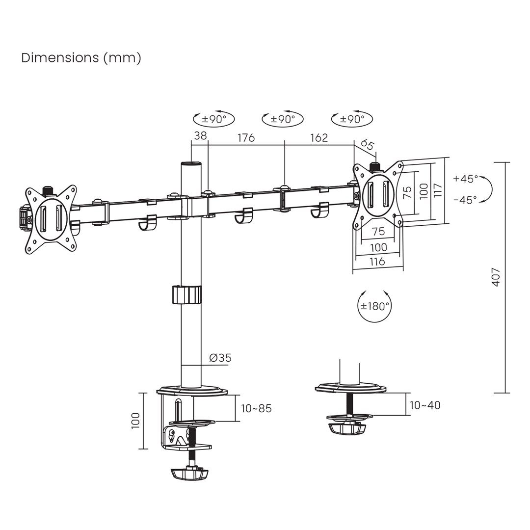 Maclean desk mount for 2 monitors  VESA 75x75 and 100x100  17-32   2x 9kg  MC-754N_12