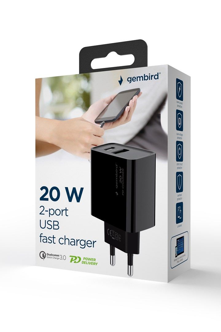 Gembird TA-UC-PDQC20-01-BK 2-port 20W Power Delivery USB type-C fast charger  black_12