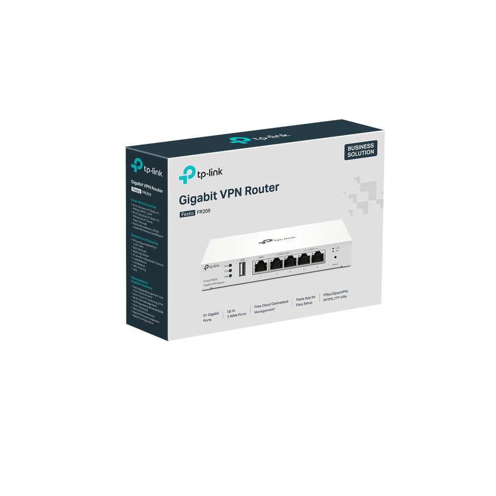 TP-Link Gigabit VPN Gateway FESTA FR205, interfata 1× Gigabit WAN port, 2× Gigabit WAN/LAN ports, 2× Gigabit LAN ports, 1× USB 2.0 (supports USB LTE dongle‡), fara ventilatoare, DRAM 256 MB DDR, 802.1Q VLAN_5