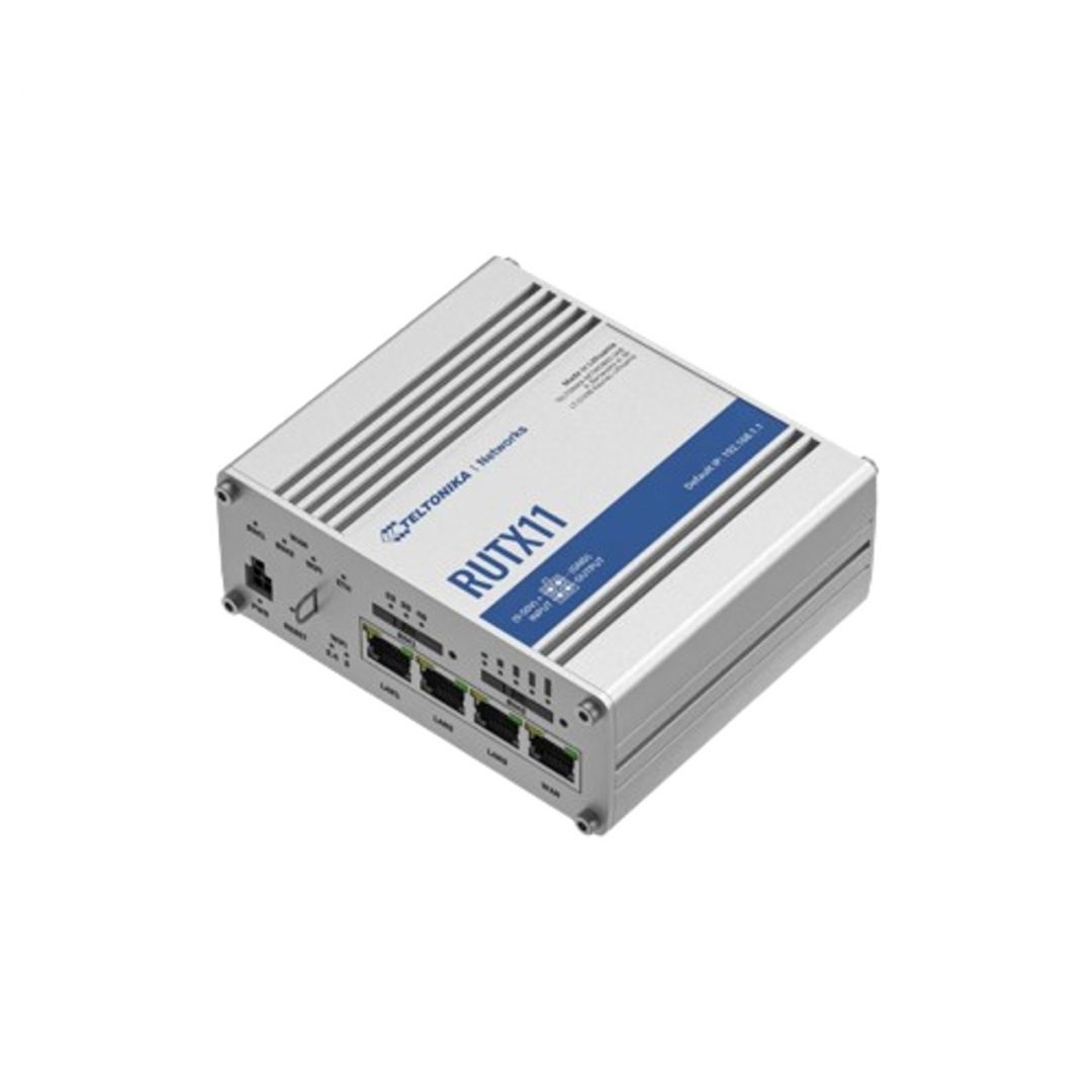 Router industrial IP Teltonika RUTX11, Dual SIM, WiFi, antene 2x SMA pentru LTE, 2x RP-SMA pentru WiFi, 1x RP-SMA pentru Bluetooth, 1x SMA pentru GNSS, GPS, 4x porturi RJ45, 10/100/1000 Mbps, modul mobil 4G (LTE) - Cat 6 pana la 300 Mbps, 3G pana la 42 Mbps, modul wireless 802.11b/g/n/ac Wave 2_4