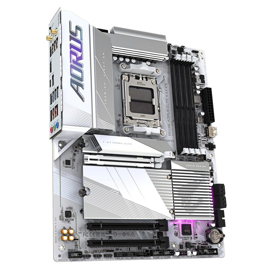 GIGABYTE B650E AORUS ELITE X AX ICE Motherboard - AMD Ryzen 9000 Series CPUs  12+2+2 Phases VRM  up to 8000MHz DDR5 (OC)  1xPCIe 5.0 + 2xPCIe 4.0 M.2  2.5GbE LAN  WIFI 6E  USB 3.2 Gen 2_3