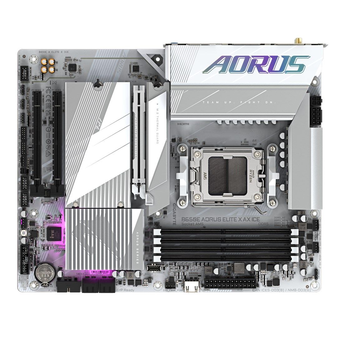 GIGABYTE B650E AORUS ELITE X AX ICE Motherboard - AMD Ryzen 9000 Series CPUs  12+2+2 Phases VRM  up to 8000MHz DDR5 (OC)  1xPCIe 5.0 + 2xPCIe 4.0 M.2  2.5GbE LAN  WIFI 6E  USB 3.2 Gen 2_5