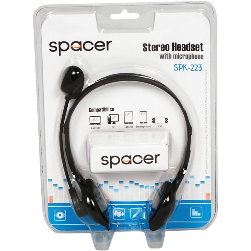 CASTI  Spacer, cu fir, standard, utilizare multimedia, call center, microfon pe brat, conectare prin Jack 3.5 mm x 2, negru, 